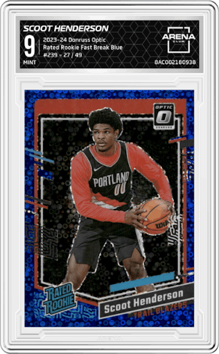 Scoot Henderson from the 2023-24 Donruss Optic set featuring a Fast Break Blue parallel graded by Arena Club and given an overall grade of 9.