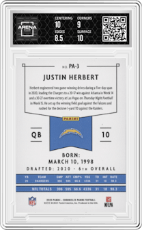 Justin Herbert from the 2020 Panini Chronicles set featuring a Pink parallel graded by Arena Club and given an overall grade of 9.