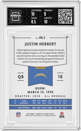 Justin Herbert from the 2020 Panini Chronicles set featuring a Pink parallel graded by Arena Club and given an overall grade of 9.