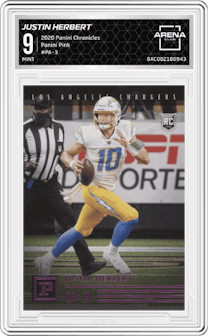 Justin Herbert from the 2020 Panini Chronicles set featuring a Pink parallel graded by Arena Club and given an overall grade of 9.
