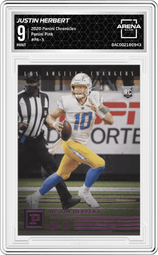 Justin Herbert from the 2020 Panini Chronicles set featuring a Pink parallel graded by Arena Club and given an overall grade of 9.