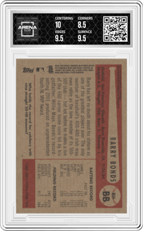 Barry Bonds from the 2002 Bowman Heritage set graded by Arena Club and given an overall grade of 9.