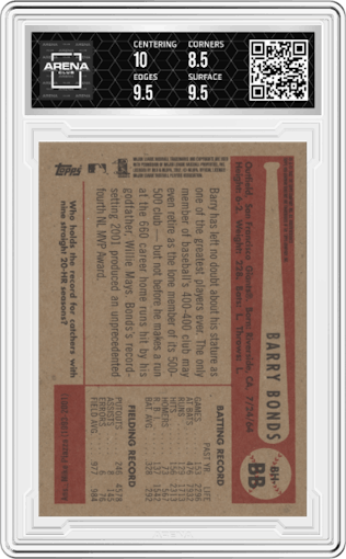 Barry Bonds from the 2002 Bowman Heritage set graded by Arena Club and given an overall grade of 9.