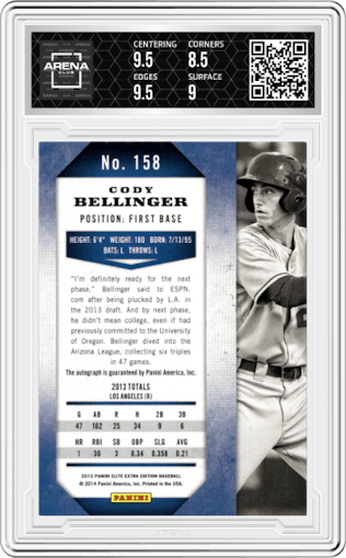 Cody Bellinger from the 2013 Panini Elite Extra Edition set graded by Arena Club and given an overall grade of 9.