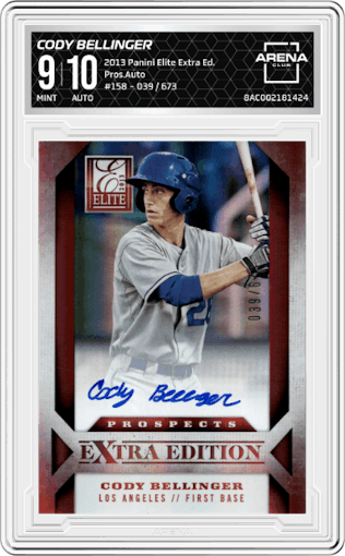 Cody Bellinger from the 2013 Panini Elite Extra Edition set graded by Arena Club and given an overall grade of 9.