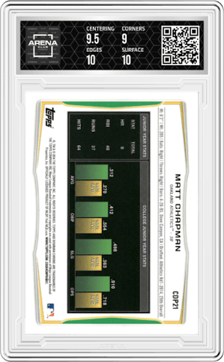 Matt Chapman from the 2014 Bowman Draft  set featuring a Blue Wave Refractor parallel graded by Arena Club and given an overall grade of 9.5.