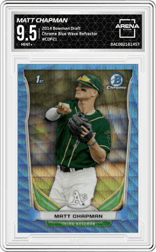 Matt Chapman from the 2014 Bowman Draft  set featuring a Blue Wave Refractor parallel graded by Arena Club and given an overall grade of 9.5.