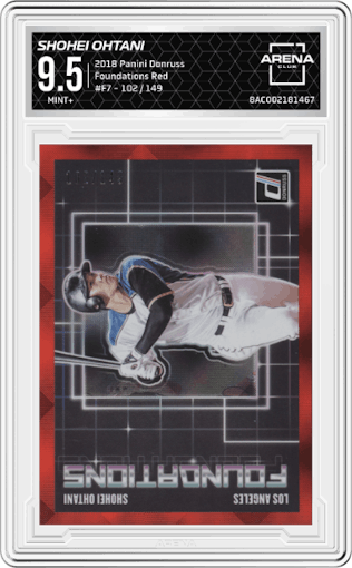 Shohei Ohtani from the 2018 Panini Donruss set featuring a Red parallel graded by Arena Club and given an overall grade of 9.5.