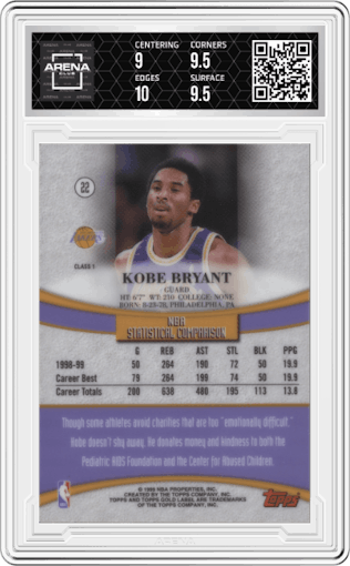 Kobe Bryant from the 1999-00 Topps Gold Label set featuring a Class 1 parallel graded by Arena Club and given an overall grade of 9.5.