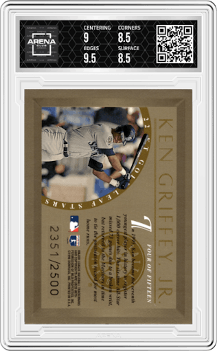 Ken Griffey Jr. from the 1996 Leaf set graded by Arena Club and given an overall grade of 9.