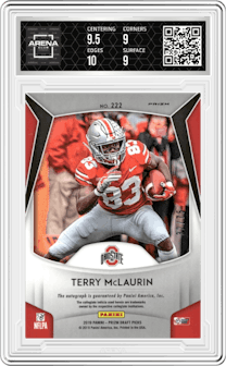 Terry McLaurin from the 2019 Panini Prizm Draft Picks set featuring a Hyper parallel graded by Arena Club and given an overall grade of 9.