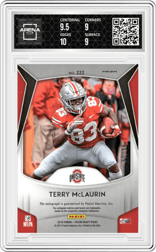 Terry McLaurin from the 2019 Panini Prizm Draft Picks set featuring a Hyper parallel graded by Arena Club and given an overall grade of 9.