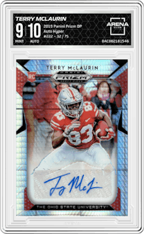 Terry McLaurin from the 2019 Panini Prizm Draft Picks set featuring a Hyper parallel graded by Arena Club and given an overall grade of 9.