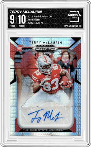 Terry McLaurin from the 2019 Panini Prizm Draft Picks set featuring a Hyper parallel graded by Arena Club and given an overall grade of 9.