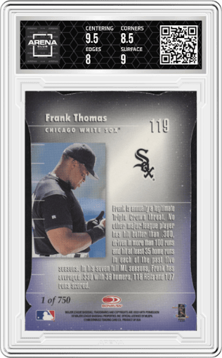 Frank Thomas from the 1998 Donruss Elite set featuring a Aspirations parallel graded by Arena Club and given an overall grade of 8.5.