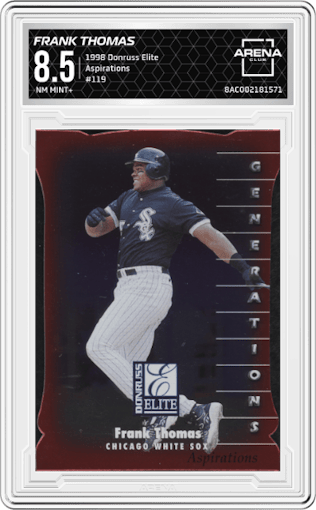 Frank Thomas from the 1998 Donruss Elite set featuring a Aspirations parallel graded by Arena Club and given an overall grade of 8.5.