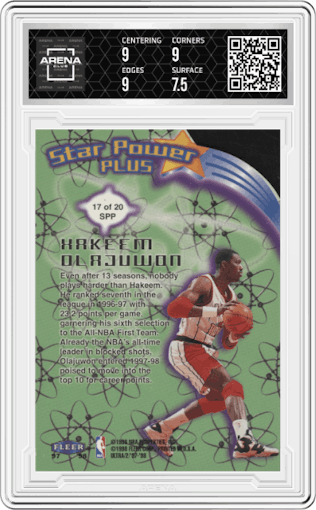 Hakeem Olajuwon from the 1997-98 Fleer Ultra set graded by Arena Club and given an overall grade of 8.