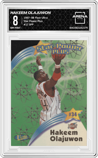 Hakeem Olajuwon from the 1997-98 Fleer Ultra set graded by Arena Club and given an overall grade of 8.