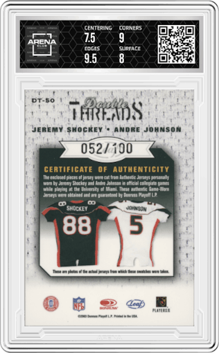Jeremy Shockey/Andre Johnson from the 2003 Leaf Limited set graded by Arena Club and given an overall grade of 8.