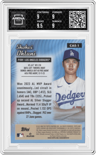 Shohei Ohtani from the 2024 Topps Chrome set graded by Arena Club and given an overall grade of 9.