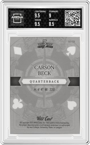 Carson Beck from the 2023 Wild Card 5 Card Draw Stacked Deck set featuring a Orange Lava Foil parallel graded by Arena Club and given an overall grade of 9.