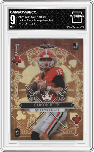 Carson Beck from the 2023 Wild Card 5 Card Draw Stacked Deck set featuring a Orange Lava Foil parallel graded by Arena Club and given an overall grade of 9.