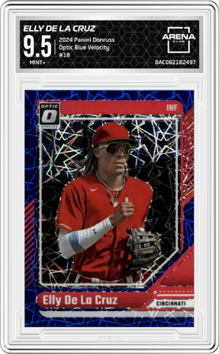 Elly De La Cruz from the 2024 Panini Donruss set featuring a Blue Velocity parallel graded by Arena Club and given an overall grade of 9.5.