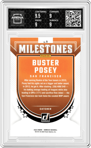 Buster Posey from the 2024 Panini Donruss set featuring a Blue Ice parallel graded by Arena Club and given an overall grade of 9.