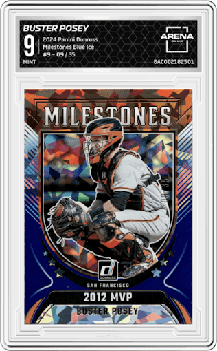 Buster Posey from the 2024 Panini Donruss set featuring a Blue Ice parallel graded by Arena Club and given an overall grade of 9.