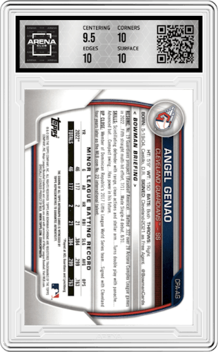 Angel Genao from the 2023 Bowman  set graded by Arena Club and given an overall grade of 10.