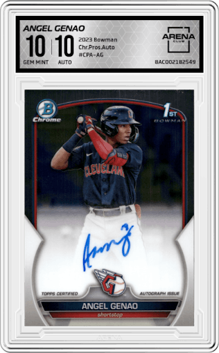 Angel Genao from the 2023 Bowman  set graded by Arena Club and given an overall grade of 10.
