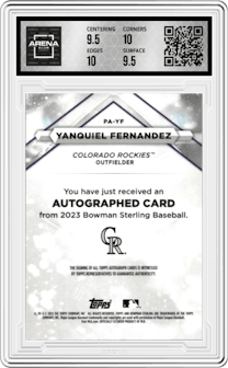 Yanquiel Fernandez from the 2023 Bowman Sterling set featuring a Sterling Silver parallel graded by Arena Club and given an overall grade of 10.