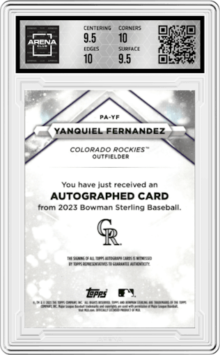Yanquiel Fernandez from the 2023 Bowman Sterling set featuring a Sterling Silver parallel graded by Arena Club and given an overall grade of 10.