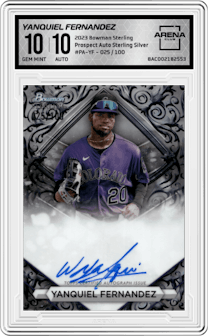 Yanquiel Fernandez from the 2023 Bowman Sterling set featuring a Sterling Silver parallel graded by Arena Club and given an overall grade of 10.