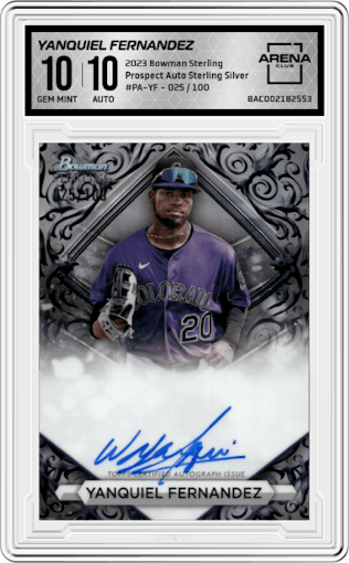 Yanquiel Fernandez from the 2023 Bowman Sterling set featuring a Sterling Silver parallel graded by Arena Club and given an overall grade of 10.