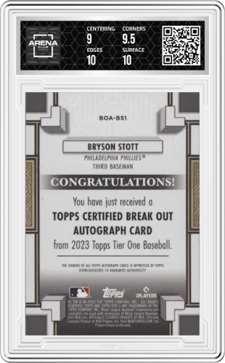 Bryson Stott  from the 2023 Topps Tier One set featuring a Bronze Ink parallel graded by Arena Club and given an overall grade of 9.5.