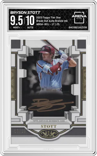 Bryson Stott  from the 2023 Topps Tier One set featuring a Bronze Ink parallel graded by Arena Club and given an overall grade of 9.5.