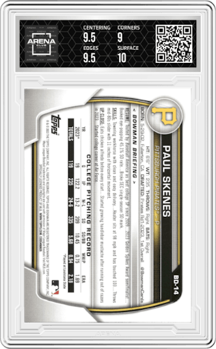 Paul Skenes from the 2023 Bowman Draft set graded by Arena Club and given an overall grade of 9.5.
