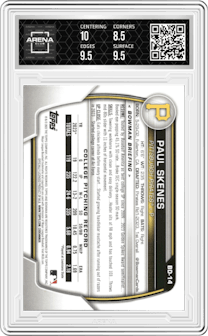 Paul Skenes from the 2023 Bowman Draft set graded by Arena Club and given an overall grade of 9.
