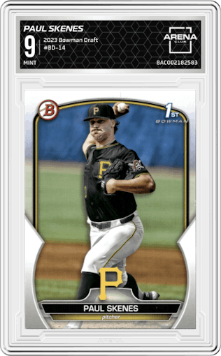 Paul Skenes from the 2023 Bowman Draft set graded by Arena Club and given an overall grade of 9.