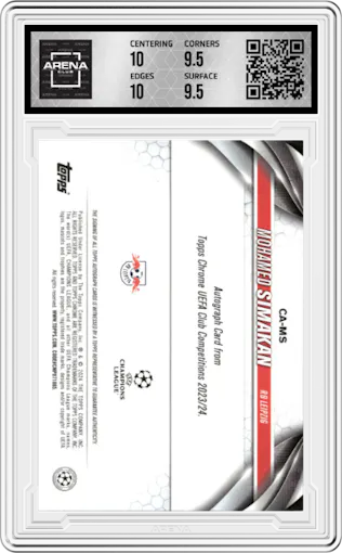 Mohamed Simakan from the 2023-24 Topps Chrome UEFA Club Competitions set featuring a Red Lava parallel graded by Arena Club and given an overall grade of 10.
