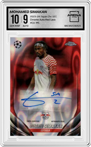 Mohamed Simakan from the 2023-24 Topps Chrome UEFA Club Competitions set featuring a Red Lava parallel graded by Arena Club and given an overall grade of 10.