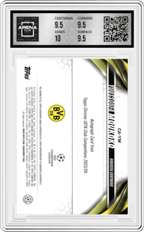 Youssoufa Moukoko from the 2023-24 Topps Chrome UEFA Club Competitions set featuring a Neon Green parallel graded by Arena Club and given an overall grade of 10.