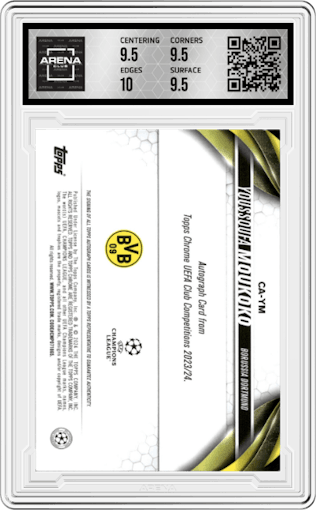 Youssoufa Moukoko from the 2023-24 Topps Chrome UEFA Club Competitions set featuring a Neon Green parallel graded by Arena Club and given an overall grade of 10.