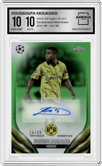 Youssoufa Moukoko from the 2023-24 Topps Chrome UEFA Club Competitions set featuring a Neon Green parallel graded by Arena Club and given an overall grade of 10.