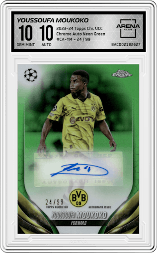 Youssoufa Moukoko from the 2023-24 Topps Chrome UEFA Club Competitions set featuring a Neon Green parallel graded by Arena Club and given an overall grade of 10.