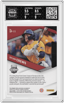 Dylan Crews from the 2023 Panini Elite Extra Edition set featuring a Die Cut Orange  parallel graded by Arena Club and given an overall grade of 9.