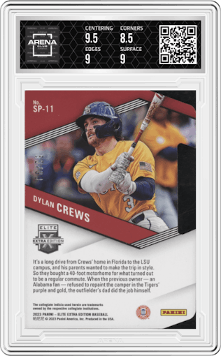 Dylan Crews from the 2023 Panini Elite Extra Edition set featuring a Die Cut Orange  parallel graded by Arena Club and given an overall grade of 9.
