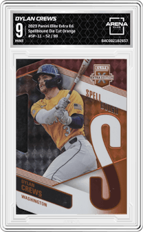 Dylan Crews from the 2023 Panini Elite Extra Edition set featuring a Die Cut Orange  parallel graded by Arena Club and given an overall grade of 9.