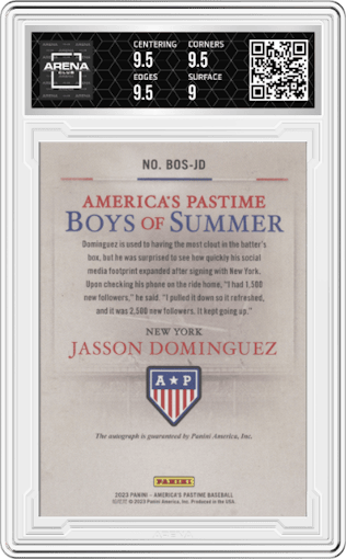 Jasson Dominguez from the 2023 Panini Chronicles set graded by Arena Club and given an overall grade of 9.5.